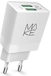 Сетевое зарядное устройство MAKE 2.4a 2xUSB-A ports charger white (MCW-221WH)