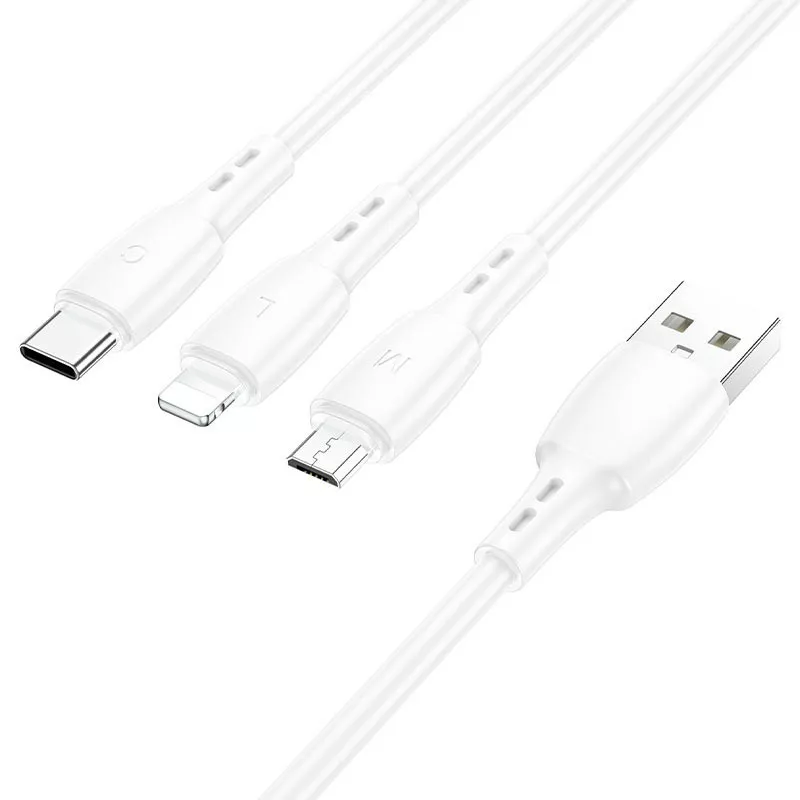 Универсальный кабель Borofone BX71 3-in-1 USB-A to Type-C/Lightning/micro USB 10w 2a 1м сable White - фото 3