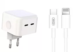 Сетевое зарядное устройство XO L102 35w PD 2xUSB-C ports charger + USB-C to Lightning cable white - фото Сетевое зарядное устройство XO L102 35w PD 2xUSB-C ports charger + USB-C to Lightning cable white