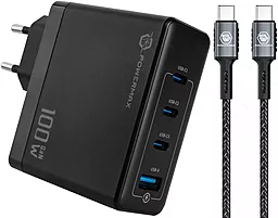 Сетевое зарядное устройство Powermax Eclipse 100w GaN PD 3xUSB-C/USB-A ports charger + USB-C to USB-C cable black - фото Сетевое зарядное устройство Powermax Eclipse 100w GaN PD 3xUSB-C/USB-A ports charger + USB-C to USB-C cable black
