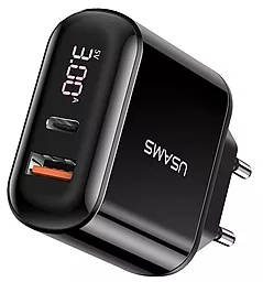 Сетевое зарядное устройство с быстрой зарядкой Usams US-CC085 T23 PD3.0 Digital Display 18W Black
