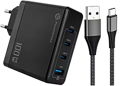 Мережевий зарядний пристрій Powermax Eclipse 100w GaN PD 3xUSB-C/USB-A ports charger + USB-C cable black - фото Мережевий зарядний пристрій Powermax Eclipse 100w GaN PD 3xUSB-C/USB-A ports charger + USB-C cable black