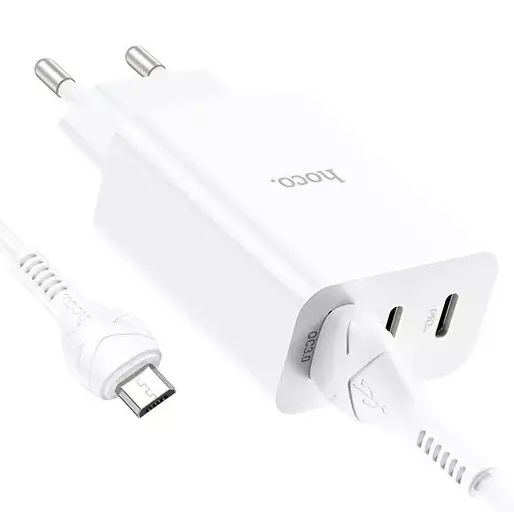 Сетевое зарядное устройство Hoco C99A 20w PD 2xUSB-C/USB-A ports fast charger + micro USB cable white - фото 2