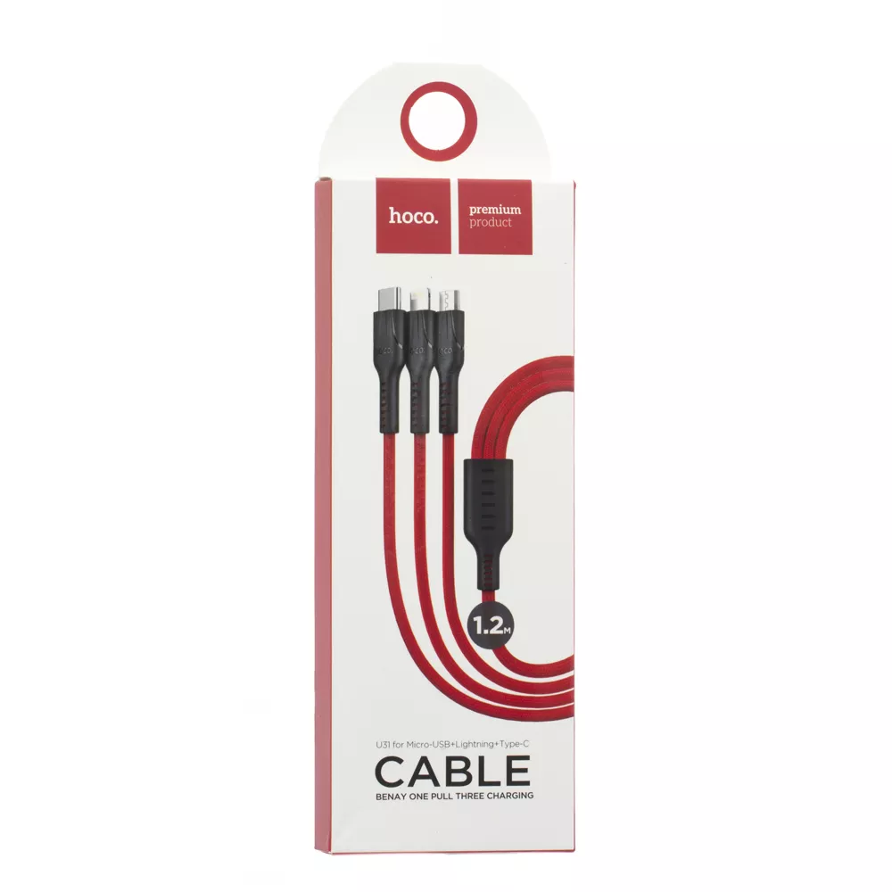 Универсальный кабель Hoco U31 Benay 3-in-1 USB-A to Type-C/Lightning/micro USB 12w 2.4a 1.2м сable Red - фото 3
