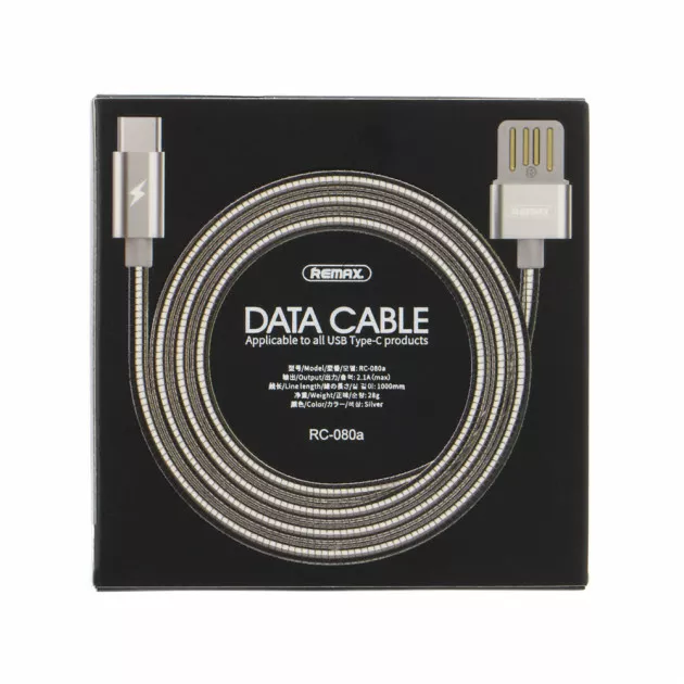 Кабель Remax Metal Serpent USB-A - Type-C 12w 2.4a 1м cable Silver (RC-080a) - фото 3