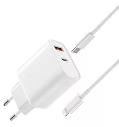 Сетевое зарядное устройство XO L116 30w PD USB-C/USB-A ports charger + USB-C to Lightning cable white - фото Сетевое зарядное устройство XO L116 30w PD USB-C/USB-A ports charger + USB-C to Lightning cable white