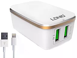 Мережевий зарядний пристрій LDNio DL-A2204 2.4a 2xUSB-A ports charger + Lightning cable (EU/US/UK) white - фото Мережевий зарядний пристрій LDNio DL-A2204 2.4a 2xUSB-A ports charger + Lightning cable (EU/US/UK) white
