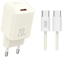 Мережевий зарядний пристрій XO L146 20w PD USB-C fast charger + USB-C to USB-C cable beige - фото Мережевий зарядний пристрій XO L146 20w PD USB-C fast charger + USB-C to USB-C cable beige