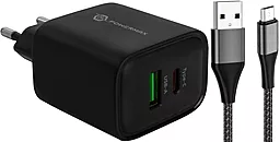 Сетевое зарядное устройство Powermax Eclipse 30w PD USB-C/USB-A ports charger + micro USB cable black - фото Сетевое зарядное устройство Powermax Eclipse 30w PD USB-C/USB-A ports charger + micro USB cable black