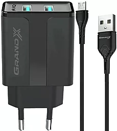 Мережевий зарядний пристрій Grand-X 2.4a 2xUSB-A ports home charger + micro USB cable black (CH-15UMB)