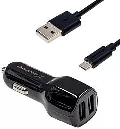 Автомобильное зарядное устройство Grand-X 2.1a 2xUSB-A ports car charger + micro USB cable black (CH-26BM)