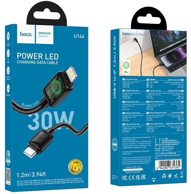 Кабель Hoco U146 USB Type-C - Lightning 30w 3a 1.2м cable Black - фото 9