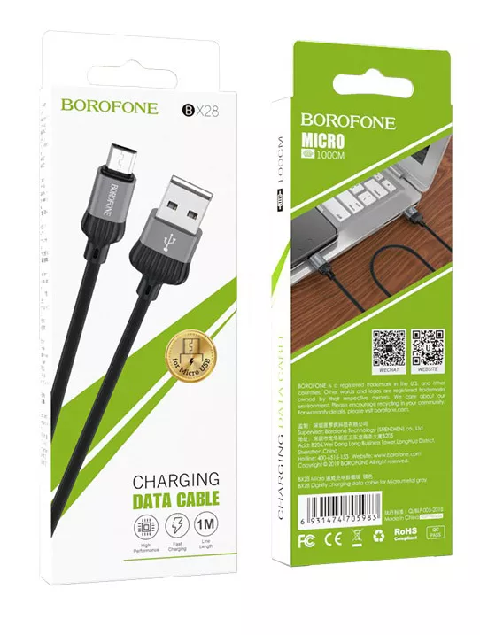 Кабель Borofone BX28 Dignity USB-A - micro USB 12w 2.4a 1м cable Gray/Black - фото 6