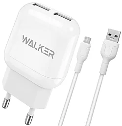 Сетевое зарядное устройство Walker WH-33 2.1a 2xUSB-A ports charger + micro USB cable white - фото Сетевое зарядное устройство Walker WH-33 2.1a 2xUSB-A ports charger + micro USB cable white