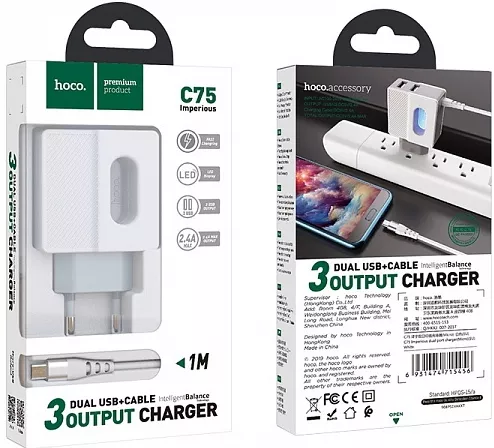 Мережевий зарядний пристрій Hoco C75 2.4a 2xUSB-A ports charger + micro USB cable white - фото 7