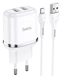 Сетевое зарядное устройство Hoco N4 2.4a 2xUSB-A ports home charger + micro USB cable white - фото Сетевое зарядное устройство Hoco N4 2.4a 2xUSB-A ports home charger + micro USB cable white