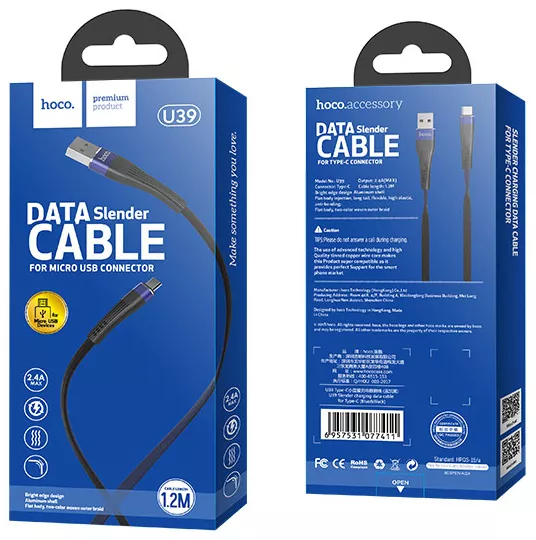 Кабель Hoco U39 Slender USB-A - micro USB 12w 2.4a 1.2м cable Red/Black - фото 4