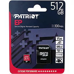 Карта памяти Patriot microSDXC 512GB EP Series Class 10 UHS-I U3 V30 A1 + SD-адаптер (PEF512GEP31MCX)
