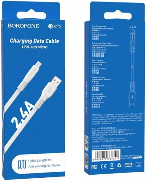 Кабель Borofone BX23 USB-A - micro USB 12w 2.4a 1м cable White - фото 5