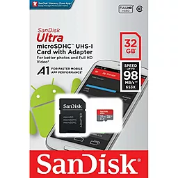 Карта памяти SanDisk microSDHC 32GB Ultra Class 10 UHS-I U1 A1+ SD-адаптер (SDSQUAR-032G-GN6MA) - фото Карта памяти SanDisk microSDHC 32GB Ultra Class 10 UHS-I U1 A1+ SD-адаптер (SDSQUAR-032G-GN6MA)
