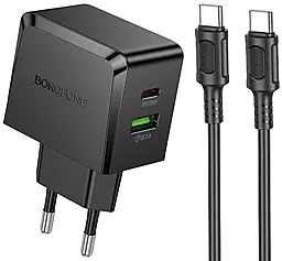 Мережевий зарядний пристрій Borofone BAS61A Smart 30w GaN PD USB-C/USB-A ports charegr + USB-C to USB-C cable black - фото Мережевий зарядний пристрій Borofone BAS61A Smart 30w GaN PD USB-C/USB-A ports charegr + USB-C to USB-C cable black