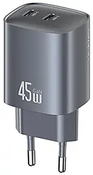 Сетевое зарядное устройство Usams T66 45w GaN PD 2xUSB-C ports charger gray (US-CC305) - фото Сетевое зарядное устройство Usams T66 45w GaN PD 2xUSB-C ports charger gray (US-CC305)