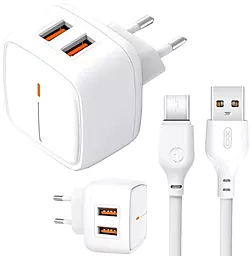 Сетевое зарядное устройство XO L61 2.4a 2xUSB-A ports charger + USB-C cable white - фото Сетевое зарядное устройство XO L61 2.4a 2xUSB-A ports charger + USB-C cable white