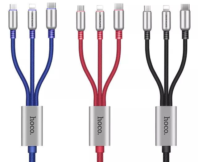 Універсальний кабель Hoco U17 Combo 3-in-1 USB-A to Type-C/Lightning/micro USB 12w 2.4a 1.5м сable Red - фото 3
