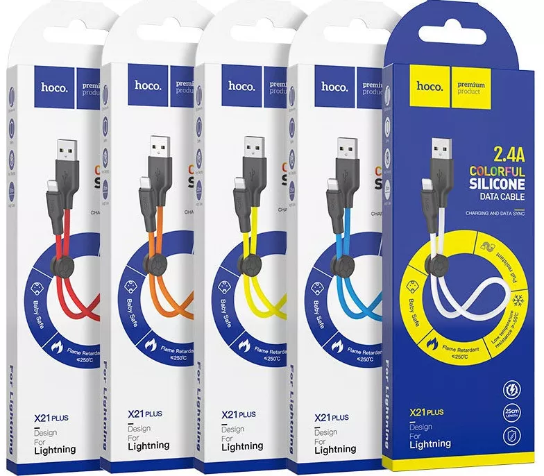Кабель Hoco X21 Plus Silicone USB-A - Lightning 12w 2.4a 0.25м cable Black/Blue - фото 5