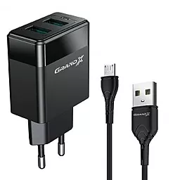 Мережевий зарядний пристрій Grand-X 2xUSB-A ports home charger + micro USB cable black (CH-50U)