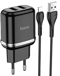 Сетевое зарядное устройство Hoco N4 2.4a 2xUSB-A ports home charger + Lightning cable black - фото Сетевое зарядное устройство Hoco N4 2.4a 2xUSB-A ports home charger + Lightning cable black