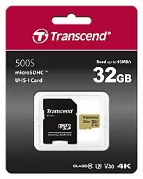 Карта пам'яті Transcend microSDHC 32GB 500S Class 10 UHS-I U3 V30 + SD-адаптер (TS32GUSD500S) - фото Карта пам'яті Transcend microSDHC 32GB 500S Class 10 UHS-I U3 V30 + SD-адаптер (TS32GUSD500S)