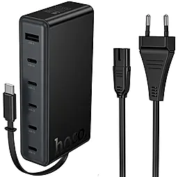 Мережевий зарядний пристрій Hoco C151A 50w GaN PD 5xUSB-C/USB-A ports charger + USB-C cable black - фото Мережевий зарядний пристрій Hoco C151A 50w GaN PD 5xUSB-C/USB-A ports charger + USB-C cable black