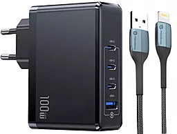 Мережевий зарядний пристрій Powermax Eclipse 100w GaN PD 3xUSB-C/USB-A ports charger + Lightning 2m cable black - фото Мережевий зарядний пристрій Powermax Eclipse 100w GaN PD 3xUSB-C/USB-A ports charger + Lightning 2m cable black
