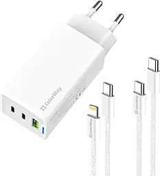 Сетевое зарядное устройство ColorWay 65w GaN/PPS PD 2xUSB-C/USB-A ports charger + USB-C to Lightning/USB-C to USB-C cable white (CW-CHS058PDCL-WT) - фото Сетевое зарядное устройство ColorWay 65w GaN/PPS PD 2xUSB-C/USB-A ports charger + USB-C to Lightning/USB-C to USB-C cable white (CW-CHS058PDCL-WT)