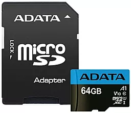 Карта пам'яті ADATA microSDXC 64GB Premier Class 10 UHS-I U1 V10 A1 (AUSDX64GUICL10A1-RA1) - фото Карта пам'яті ADATA microSDXC 64GB Premier Class 10 UHS-I U1 V10 A1 (AUSDX64GUICL10A1-RA1)