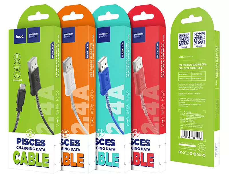 Кабель Hoco X24 Pisces USB-A - micro USB 12w 2.4a 1м cable Red - фото 4