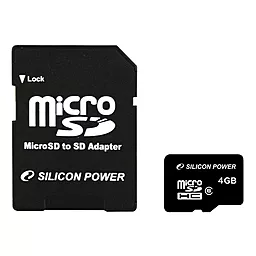 Карта памяти Silicon Power microSDHC 4GB Class 4 + SD-адаптер (SP004GBSTH004V10-SP)