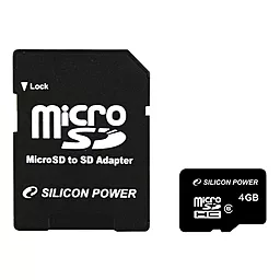 Карта пам'яті Silicon Power microSDHC 4GB Class 4 + SD-адаптер (SP004GBSTH004V10-SP) - фото Карта пам'яті Silicon Power microSDHC 4GB Class 4 + SD-адаптер (SP004GBSTH004V10-SP)
