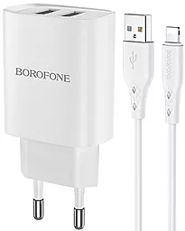 Сетевое зарядное устройство Borofone BN2 Super Fast 2.1a 2xUSB-A ports charger + Lightning cable white - фото Сетевое зарядное устройство Borofone BN2 Super Fast 2.1a 2xUSB-A ports charger + Lightning cable white