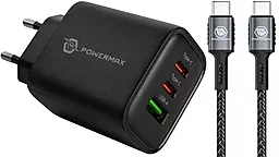 Мережевий зарядний пристрій Powermax Eclipse 65w GaN PD 2xUSB-C/USB-A ports charger + USB-C to USB-C 100w cable black - фото Мережевий зарядний пристрій Powermax Eclipse 65w GaN PD 2xUSB-C/USB-A ports charger + USB-C to USB-C 100w cable black