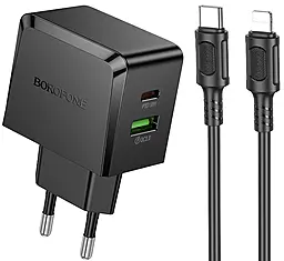 Мережевий зарядний пристрій Borofone BAS61A Smart 30w GaN PD USB-C/USB-A ports charegr + USB-C to Lightning cable black - фото Мережевий зарядний пристрій Borofone BAS61A Smart 30w GaN PD USB-C/USB-A ports charegr + USB-C to Lightning cable black