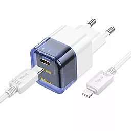 Мережевий зарядний пристрій Hoco C125A Transparent PD/QC 20w USB-C + lighltning cable blue