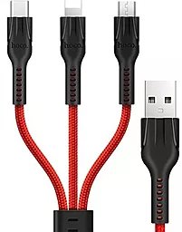 Универсальный кабель Hoco U31 Benay 3-in-1 USB-A to Type-C/Lightning/micro USB 12w 2.4a 1.2м сable Red - миниатюра 2 Универсальный кабель Hoco U31 Benay 3-in-1 USB-A to Type-C/Lightning/micro USB 12w 2.4a 1.2м сable Red - миниатюра 2