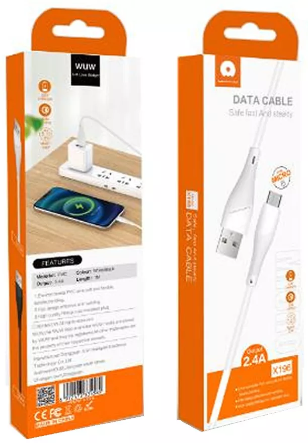 Кабель WUW X196 USB-A - micro USB 12w 2.4a 1м cable White - фото 2