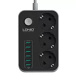 Сетевой фильтр (удлинитель) LDNio SE3631 3 розетки + 6 USB 3.4A с выключателем чёрный - фото Сетевой фильтр (удлинитель) LDNio SE3631 3 розетки + 6 USB 3.4A с выключателем чёрный
