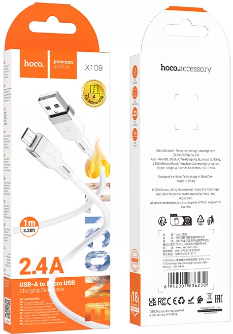 Кабель Hoco X109 USB-A - micro USB 12w 2.4a 1м cable White - фото 4