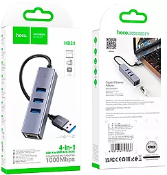 Мультипортовый USB-A хаб Hoco HB34 USB to 3xUSB 3.0 + RJ45 1000Mbps Black - миниатюра 8