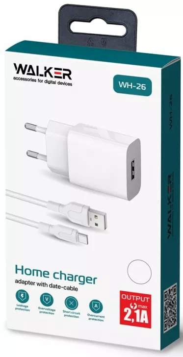 Сетевое зарядное устройство Walker WH-26 2.1a USB-A charger + USB-C cable white - фото 3