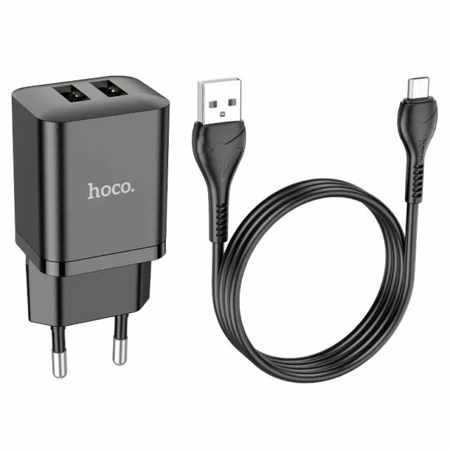 Мережевий зарядний пристрій Hoco N25 2.1a 2xUSB-A ports charger + mirco USB cable black - фото 3